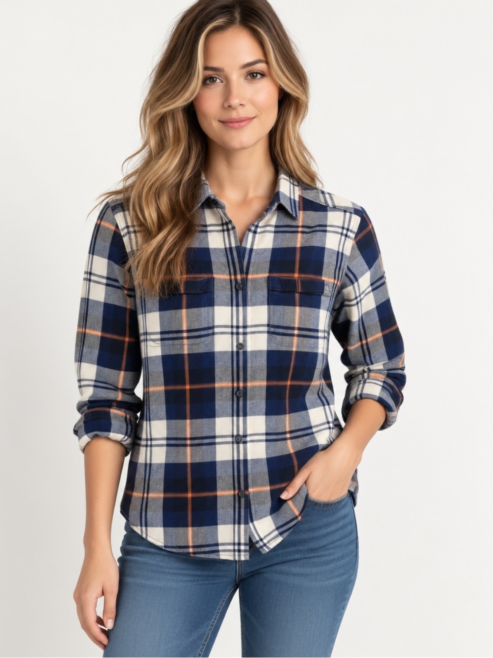 Woolrich Women’s Small Plaid Flannel Shirt 100% Cotton Navy Blue Orange Button U